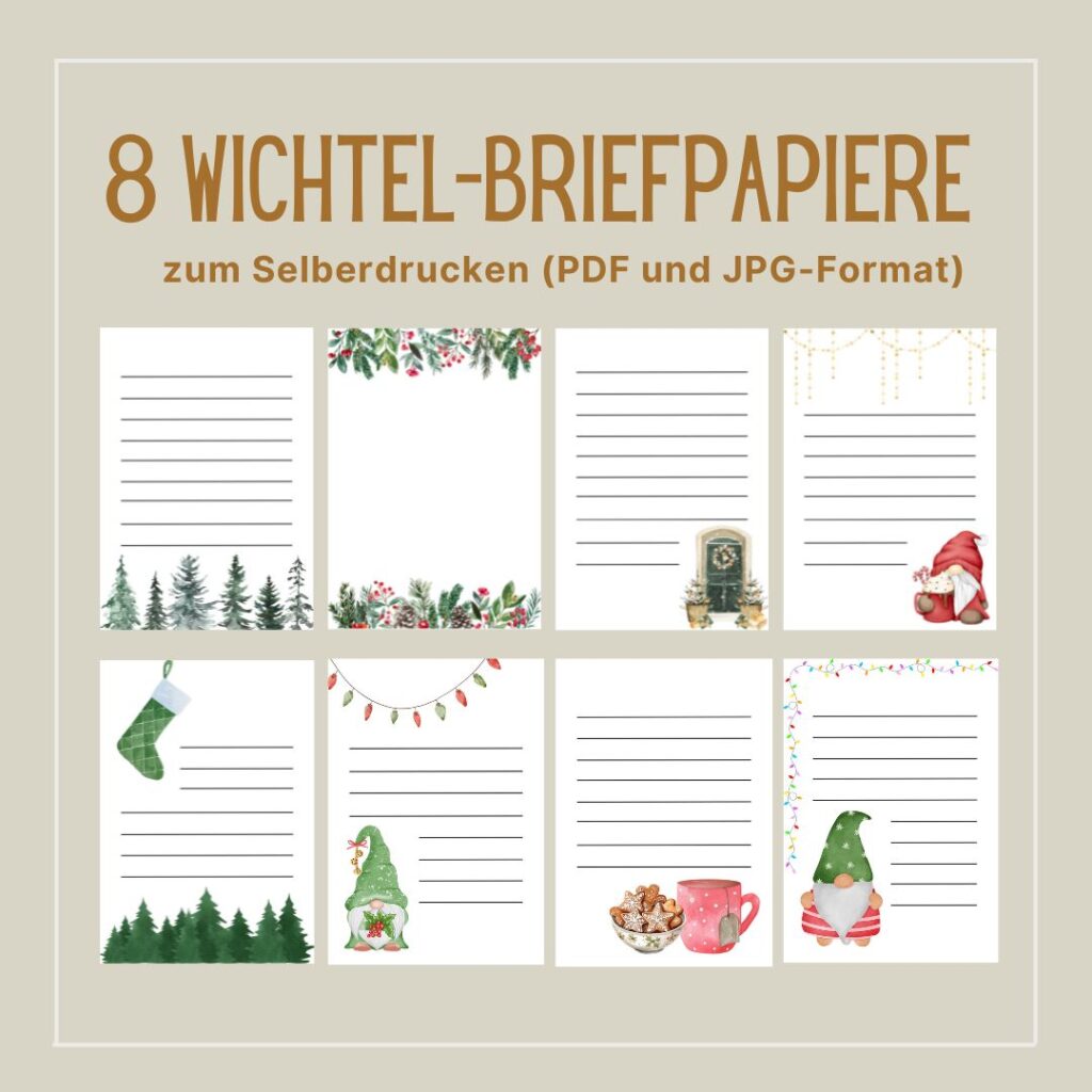 Briefpapier für Wichtelbriefe zum Download (PDF und JPG). Vorlagen zum selber Drucken. Einfach Motive auswählen, Größe bestimmen, ausdrucken und individuelle Briefe an dein Kind schreiben.